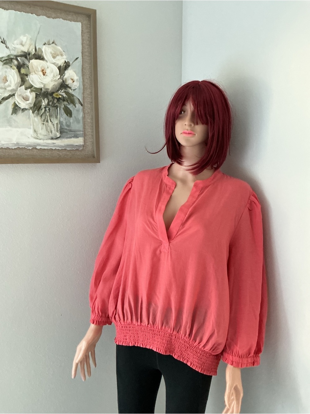 Ann Taylor Coral Pink V-Neck Puff Sleeve Smocked Waist Blouse